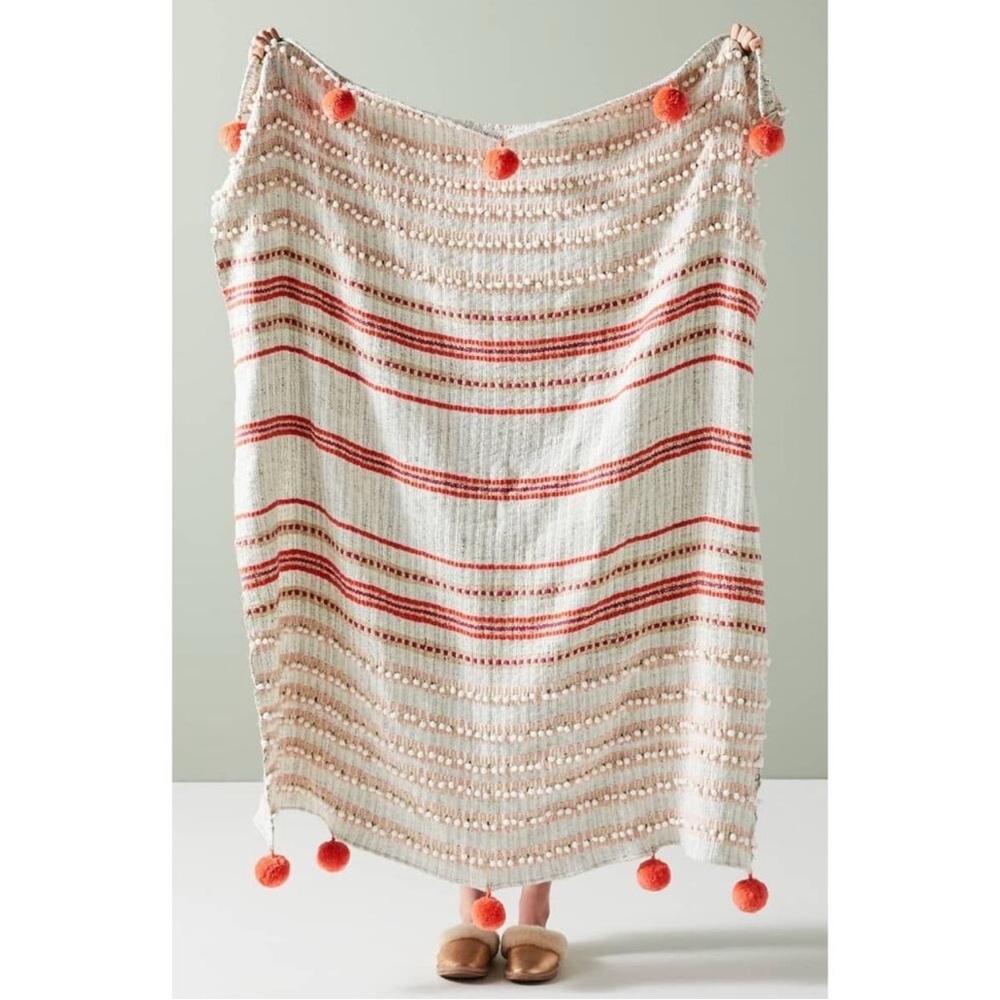 Anthropologie Simone Pom Pom Throw Blanket 50”x60”